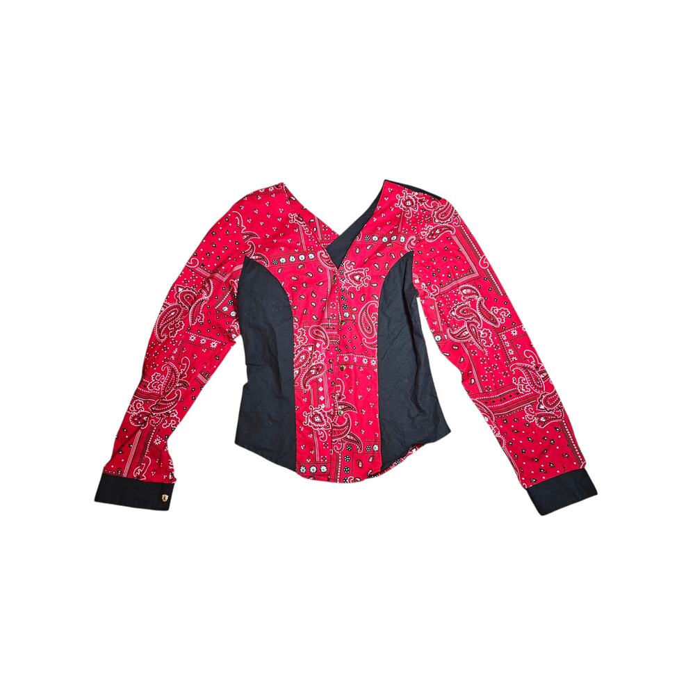 Vintage 90s red black western shirt criss cross back keyhole paisley